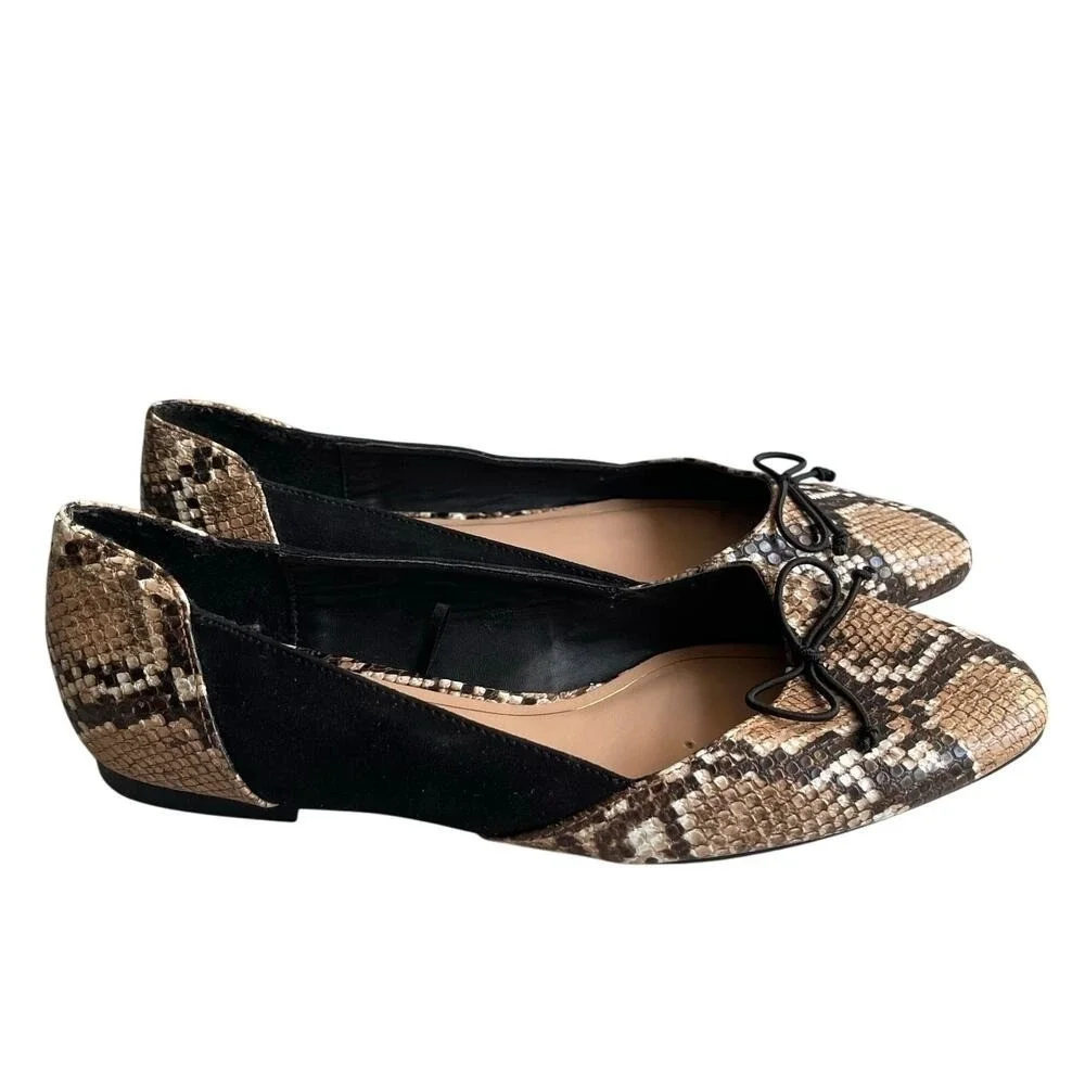 Zara Trafaluc Flats Womens 36 Snake Python Print Black‎ Suede Leather Trim Bow